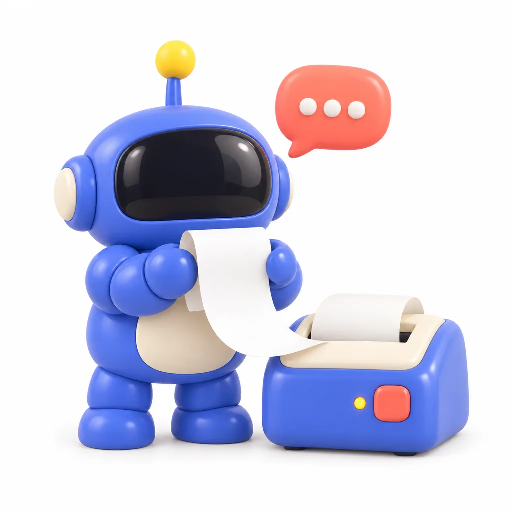 A friendly toy robot proudly holding a fresh receipt next to a periwinkle printer.