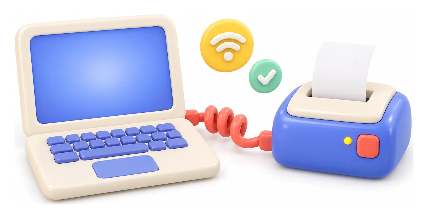 A toy laptop connected to a toy receipt printer by a coiled cable.