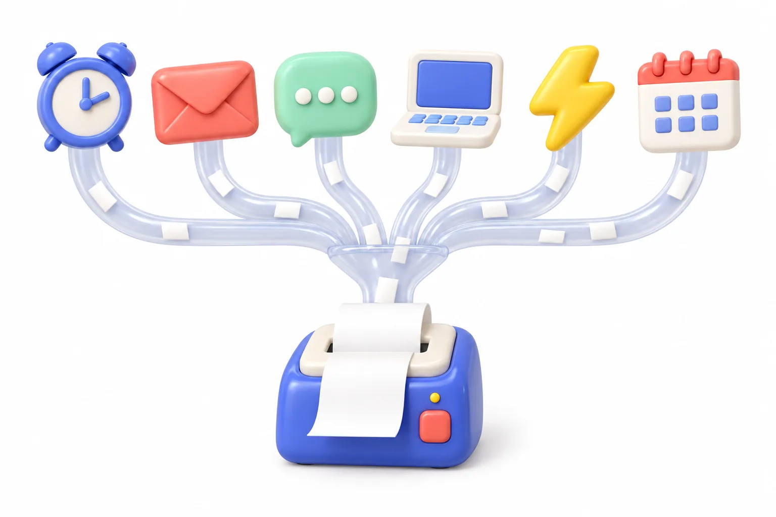 An alarm clock, an envelope, a chat bubble, a laptop, a lightning bolt, and a calendar, all piping paper slips into one printer.