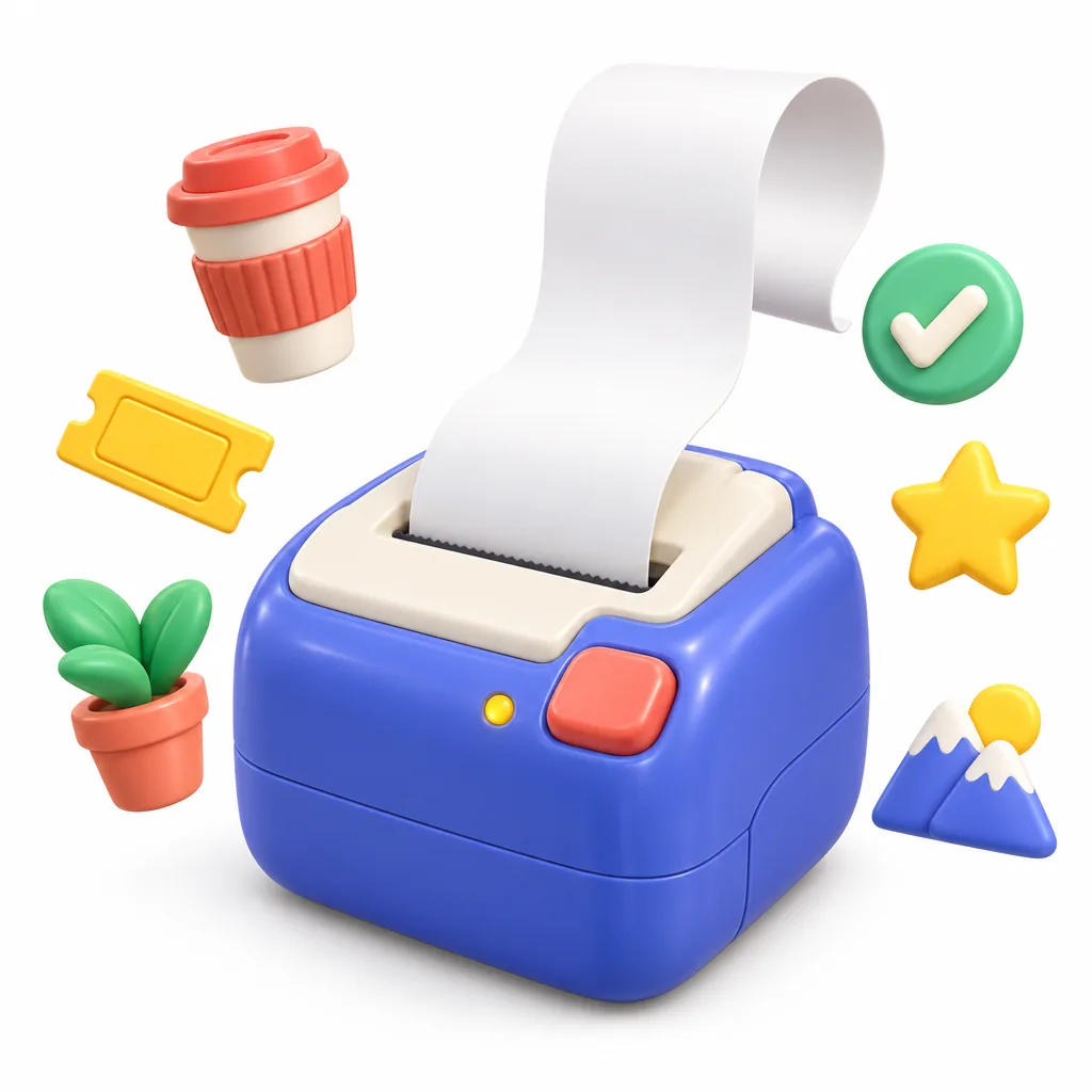 A chunky periwinkle toy receipt printer feeding out a ribbon of paper, surrounded by a coffee cup, a ticket, a plant, a star, and a checkmark.