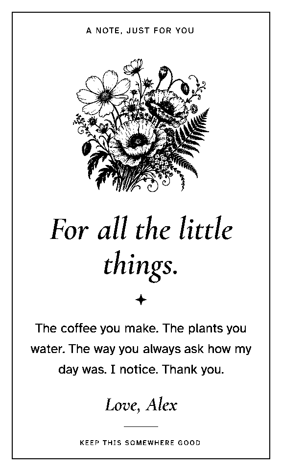 Botanical Note: intricate flower artwork, serif lettering, and a personal thank-you note.