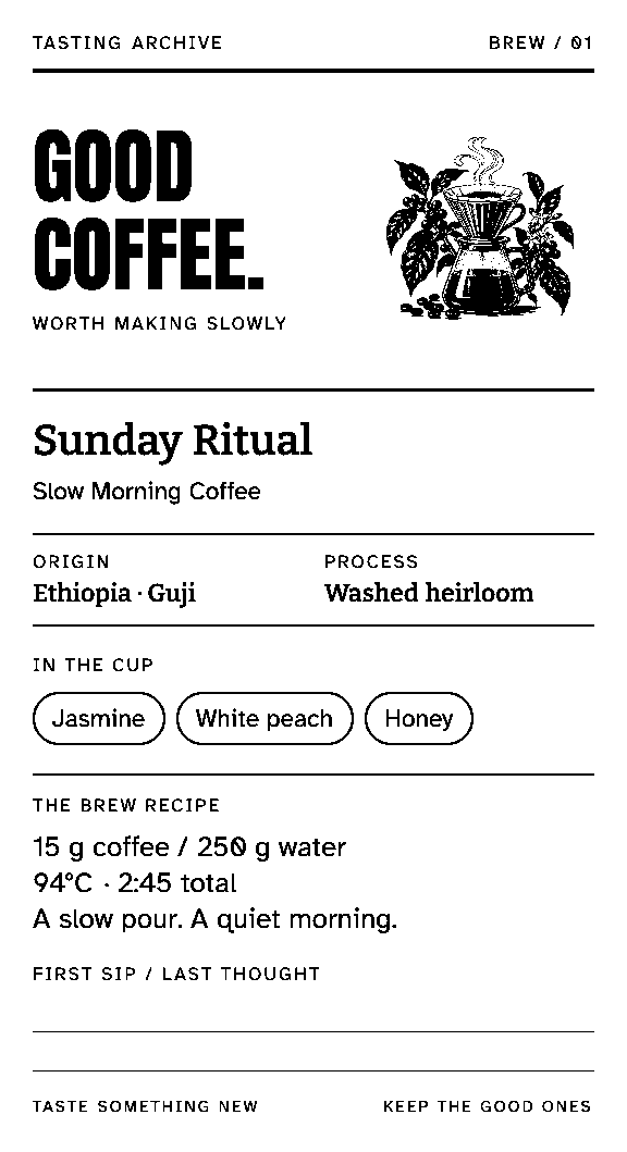 Good Coffee: a tasting card with a pour-over illustration, origin, process, flavor notes, and a brew recipe.