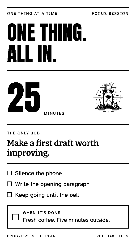 Focus Sprint: bold lettering, a 25-minute timer, an illustrated hourglass, and a checklist.