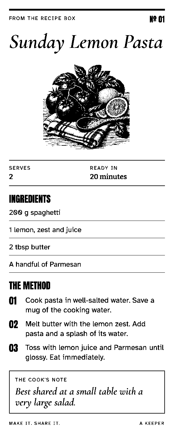 An illustrated recipe card with custom serif lettering, ingredients, and steps.