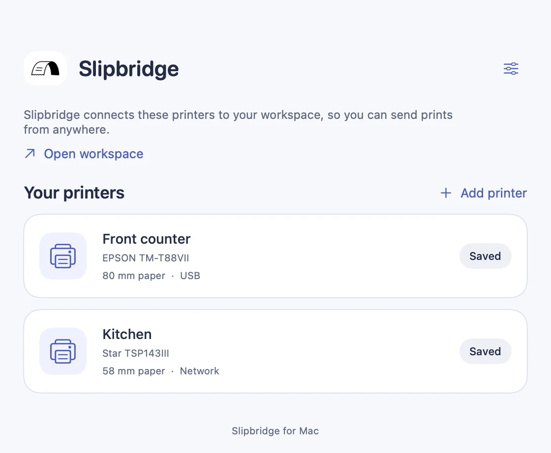 Slipbridge for Mac showing two saved printers: Front counter on USB and Kitchen on the network.