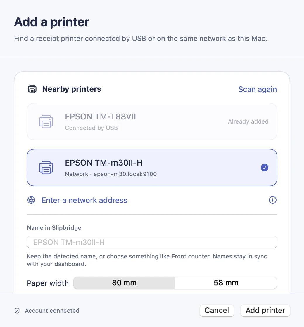 The Add a printer sheet listing nearby USB and network printers with a paper width choice.